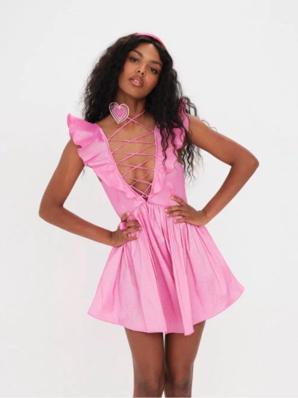 For Love & Lemons Lala Lace Up Babydoll Mini Dress Rose Pink